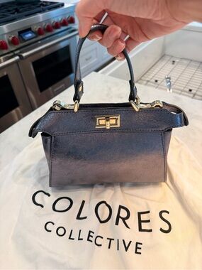 Metallic black/silver Top-Handle Mini Bag with long strap